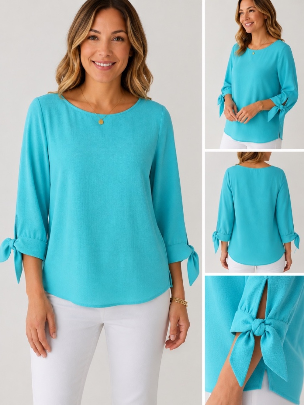 Sioni Aqua Tie Sleeve Textured Blouse NWT Size L